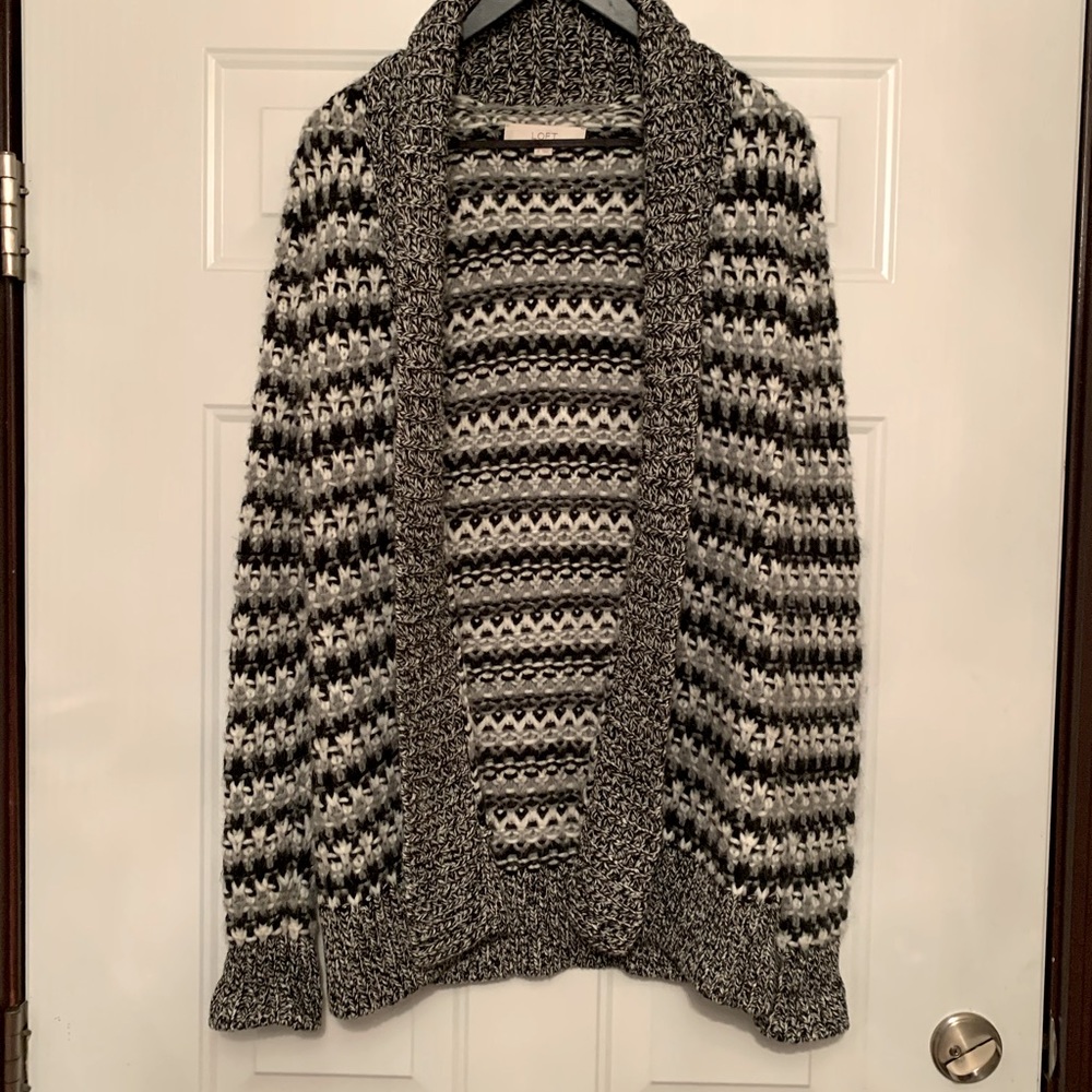 The Loft Striped Open Front Cardigan Sweater S Black Gray White Cozy Career